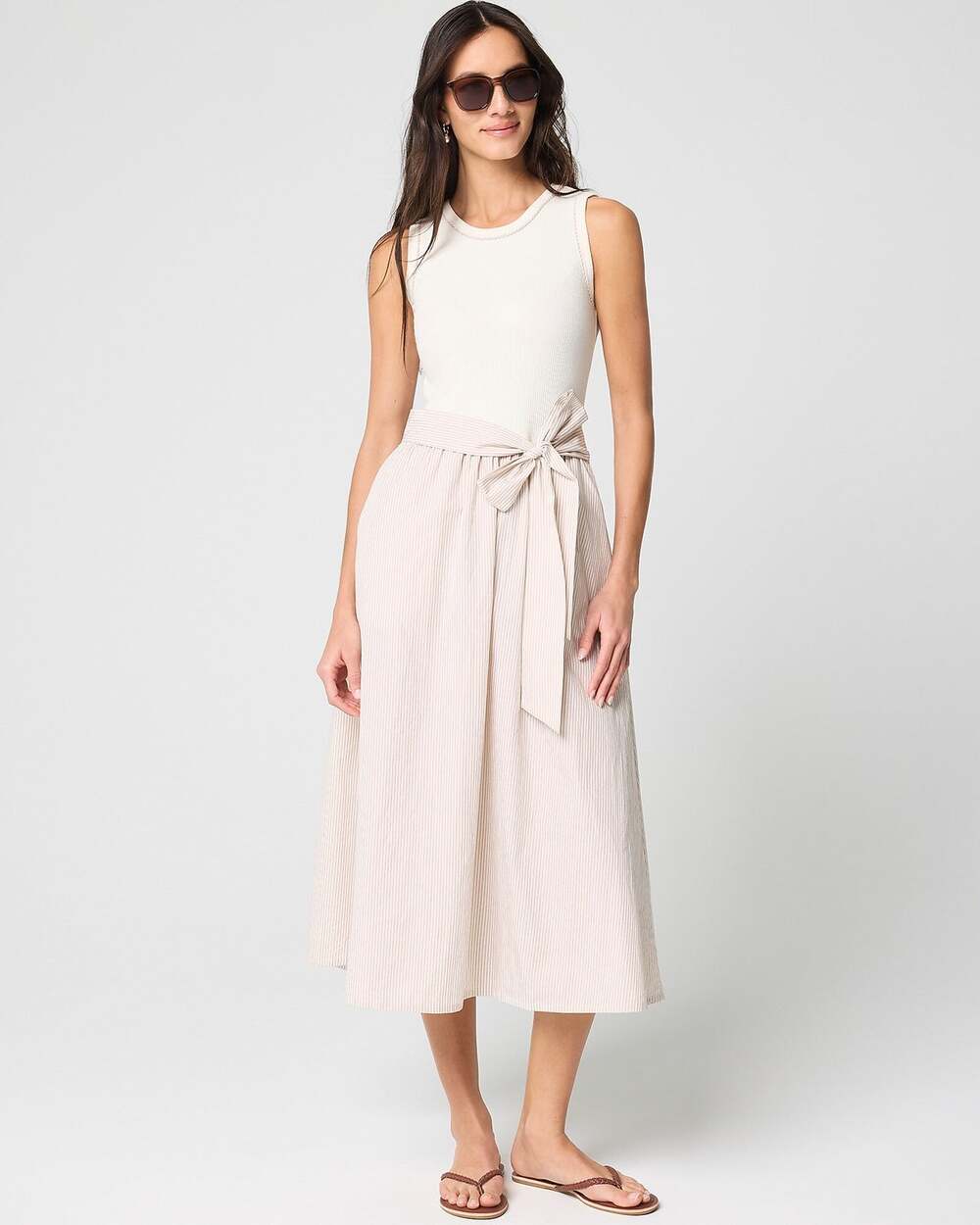 J.Crew Tie Waist Mixed Media Midi Dress Light Khaki White A Line Stretch XXL NWT